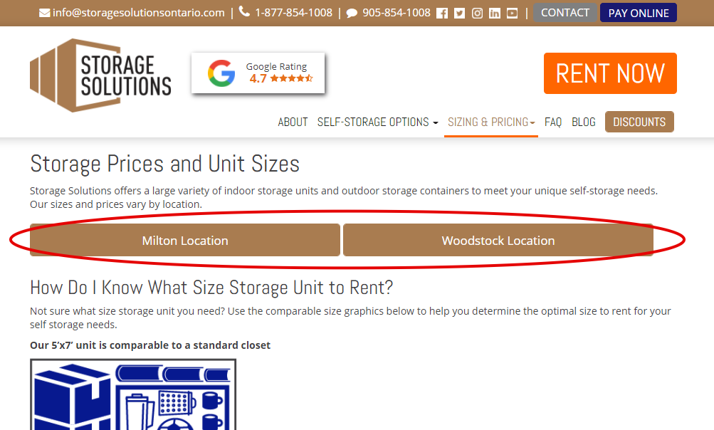 Sizing & Pricing Page on Storage Solutions Website