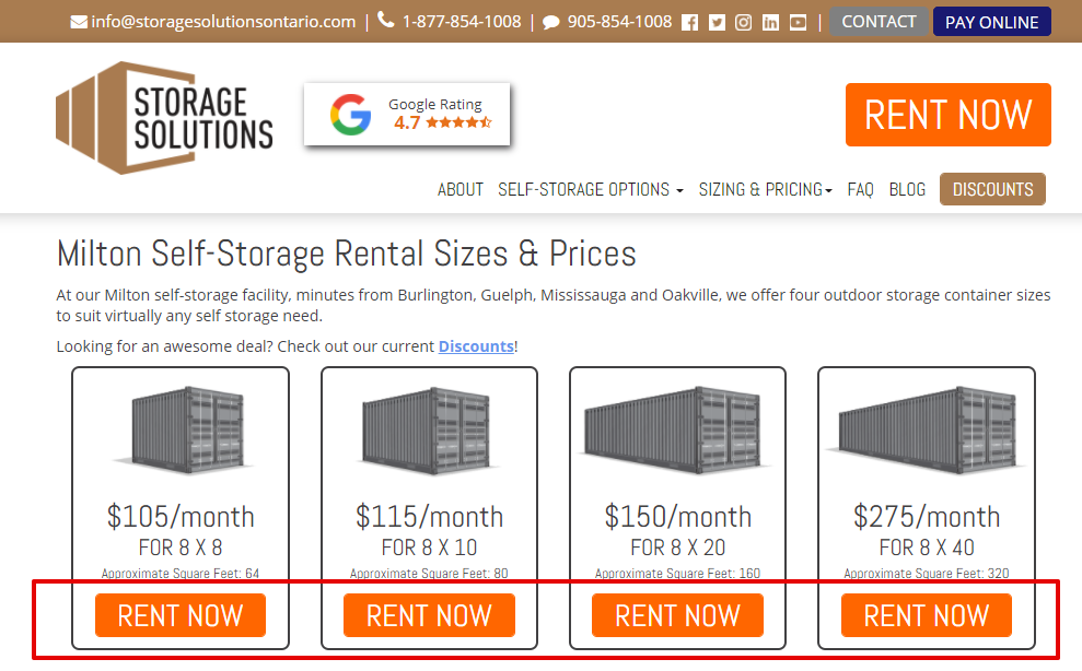 Image of the Sizing & Pricing Milton page on Storage Solutions Website 