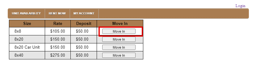 Image of the Sizing & Pricing Milton Move In section on Storage Solutions Website