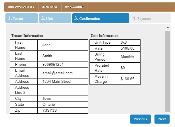 Image of Confirmation screen for Storage Solutions Online Rental System