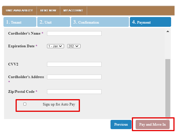 Image of Payment Information needed for Storage Solutions Online Rental System